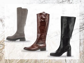 Drei Paar kniehohe Stiefel in unterschiedlichen Farben. Von links nach rechts: Graue Stiefel mit Profilsohle, braune Lederstiefel mit kleinem Absatz, schwarze Lederstiefel mit Blockabsatz und Reißverschluss. | © Gabor Shoes GmbH, Rosenheim