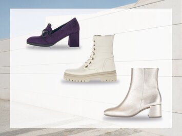 Drei Damen-Schuhe vor hellem Hintergrund: ein lila Velours-Loafer mit Absatz oben links, ein weißer Schnür-Boot in der Mitte und eine silberne Stiefeletten unten rechts. | © Gabor Shoes GmbH, Rosenheim