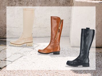 Drei kniehohe Damenstiefel stehen nebeneinander auf hellem Boden: ein beiger Stiefel links, ein brauner Lederstiefel mit seitlichem Reißverschluss in der Mitte und ein schwarzer Stiefel mit Profilsohle rechts. | © Gabor Shoes GmbH, Rosenheim