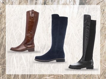 Drei Paar kniehohe Stiefel. Von links nach rechts: Braune Lederstiefel mit flachem Absatz, dunkelblaue Wildlederstiefel, schwarze Lederstiefel mit Profilsohle. | © Gabor Shoes GmbH, Rosenheim