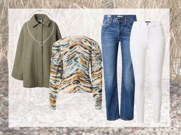 Fünf Kleidungsstücke. Von links nach rechts: Olivgrüner Cape-Mantel mit silberner Kette, langärmliges Shirt mit abstraktem Muster in Blau, Beige und Orange, klassische blaue Jeans, weiße Skinny-Jeans. | © aboutyou.de 