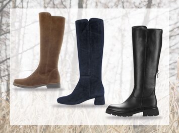 Drei Paar kniehohe Stiefel. Von links nach rechts: Braune Wildlederstiefel, dunkelblaue Wildlederstiefel, schwarze Lederstiefel mit Profilsohle. | © Gabor Shoes GmbH, Rosenheim