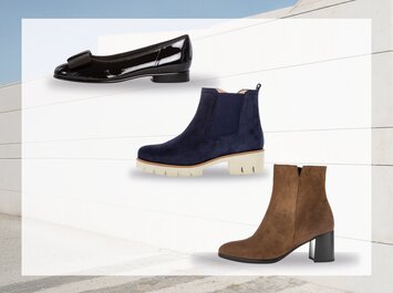 Drei verschiedene Damenschuhe sind vor neutralem Hintergrund angeordnet: oben ein taupefarbener Loafer mit Dekoschnalle, in der Mitte ein hellgrauer Sneaker mit weißer Plateausohle, unten rechts ein brauner Stiefeletten-Boot mit mittelhohem Absatz und seitlichem Reißverschluss. | © Gabor Shoes GmbH, Rosenheim