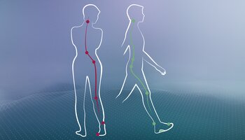Zwei stilisierte Umrisse von Menschen zeigen Körperhaltungen im Stehen und Gehen, mit eingezeichneten Linien zur Darstellung der Körperachse. | © Gabor Shoes GmbH, Rosenheim