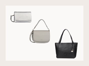 Drei Handtaschen auf weißem Hintergrund. Links oben eine kleine silberne Tasche mit kurzem Henkel, in der Mitte eine mittelgroße graue Umhängetasche mit Flechtgriff, rechts unten eine große schwarze Schultertasche mit zwei Henkeln und Anhänger. | © Gabor Shoes GmbH, Rosenheim