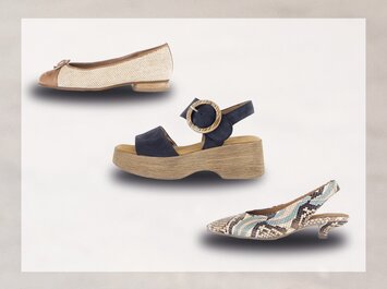 Drei Damenschuhe vor hellem Hintergrund. Oben ein flacher, beigefarbener Ballerina mit brauner Spitze und Schleife. In der Mitte eine dunkelblaue Sandale mit breiter Holzsohle und großem runden Schnallenverschluss. Unten ein halb offener Schuh mit niedrigem Absatz in schimmerndem, mehrfarbigem Schlangenledermuster. | © Gabor Shoes GmbH, Rosenheim