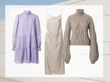 Ein fliederfarbenes, langärmeliges Hemdblusenkleid, ein elegantes beigefarbenes Satinkleid mit schmalen Trägern und ein grauer Strickpullover mit Rollkragen und Zopfmuster sind nebeneinander vor einem hellen Hintergrund angeordnet. | © aboutyou.de 