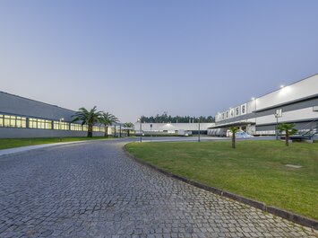 Moderner Fabrik- oder Logistikstandort mit Palmen und gepflastertem Weg. | © Gabor Shoes GmbH, Rosenheim