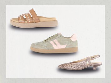 Tre diverse scarpe da donna su sfondo chiaro: in alto un sandalo marrone con borchie, al centro una sneaker sportiva beige e rosa, in basso una elegante slingback bassa intrecciata in stile metallizzato. | © Gabor Shoes GmbH, Germania
