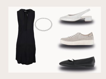 Ein ärmelloses, schwarzes Kleid mit Schleife am Rücken. Daneben eine silberne Halskette. Rechts sind drei Paar Damenschuhe zu sehen: oben silberne Slingpumps mit kleinem Absatz, in der Mitte hellgraue Sneaker mit weißer Sohle, unten schwarze Ballerinas mit dekorativem Detail. | © aboutyou.de